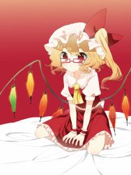Rule 34 | 1girl, ascot, bad id, bad pixiv id, bespectacled, blonde hair, bow, donacoo, female focus, flandre scarlet, glasses, hair bow, hat, nail polish, red eyes, side ponytail, sitting, solo, embodiment of scarlet devil, touhou, wariza, wings, wrist cuffs, yuuhi homare