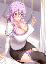 Rule 34 | 1girl, :3, ahoge, alternate costume, bed, bed sheet, bespectacled, black skirt, black thighhighs, blush, breasts, cleavage, closed mouth, commentary request, crossed legs, glasses, highres, holding, impossible clothes, impossible shirt, indoors, jewelry, juliet sleeves, kawase seiki, large breasts, long hair, long sleeves, looking at viewer, miniskirt, nail polish, necklace, on bed, pencil skirt, pendant, pillow, pink nails, pointer, puffy sleeves, purple hair, red-framed eyewear, red eyes, semi-rimless eyewear, shirt, side slit, sidelocks, sitting, skirt, solo, strea (sao), sword art online, thighhighs, under-rim eyewear, white shirt