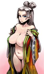 Rule 34 | 1girl, blue eyes, breasts, cleavage, curvy, dragon quest, dragon quest xi, female pubic hair, grey hair, highres, japanese clothes, kimono, large breasts, long hair, looking at viewer, misonou hirokichi, navel, nima daishi, nipple slip, nipples, no bra, no panties, open clothes, open robe, pubic hair, robe, solo, stomach, sweat