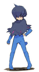 Rule 34 | 1other, black capelet, black hair, blue jumpsuit, capelet, closed mouth, commentary request, cowlick, creatures (company), deino (pokemon), frown, game freak, gen 5 pokemon, hair over eyes, jumpsuit, legs apart, long bangs, long sleeves, nakamura sandayo, nintendo, personification, pigeon-toed, pokemon, short hair, solo, standing