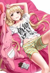 Rule 34 | 1girl, arms up, bad id, bad twitter id, bare legs, blonde hair, box, brown eyes, candy, chocolate, chocolate bar, clothes writing, collarbone, food, futaba anzu, highres, holding, holding stuffed toy, idolmaster, idolmaster cinderella girls, in box, in container, leg up, long hair, looking at viewer, lying, navel, on back, shirt, short shorts, shorts, simple background, solo, striped clothes, striped shorts, stuffed animal, stuffed rabbit, stuffed toy, superpig, twintails, v-shaped eyebrows, very long hair, white background, white shirt