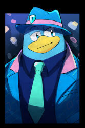 Rule 34 | 1boy, alternate costume, bel (doting123), blue eyes, blue headwear, collared shirt, commentary request, green necktie, jacket, king dedede, kirby (series), kirby 30th anniversary music festival, male focus, necktie, nintendo, open clothes, open jacket, shirt, solo, upper body