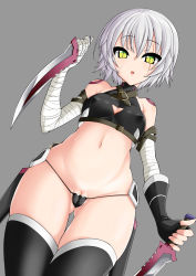 Rule 34 | 1girl, bandages, bare shoulders, black panties, black thighhighs, breasts, cleft of venus, covered erect nipples, dual wielding, fate/apocrypha, fate (series), gloves, green eyes, highres, holding, jack the ripper (fate/apocrypha), knife, looking at viewer, panties, pussy, pussy peek, scar, short hair, silver hair, small breasts, solo, suiruu (yuriusu), thighhighs, underwear