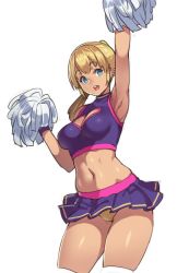 Rule 34 | 1girl, arm up, armpits, blonde hair, blue eyes, breasts, cheerleader, cleavage cutout, clothing cutout, crop top, heart, heart cutout, houtengeki, large breasts, looking at viewer, midriff, miniskirt, navel, open mouth, original, panties, pom pom (cheerleading), ponytail, shiny skin, short hair, simple background, skirt, smile, solo, standing, underwear, white background
