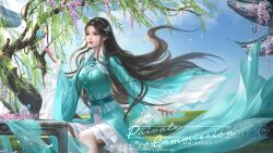 Rule 34 | 1girl, absurdres, arm up, braid, bug, butterfly, chair, closed mouth, cloud, collar, douluo dalu, dress, falling petals, floating hair, frilled collar, frilled sash, frills, green dress, highres, hua wei yang, insect, ning rongrong (douluo dalu), outdoors, petals, sash, second-party source, sitting, solo, table, tiara, tree, watermark