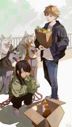 Rule 34 | 1boy, 1girl, absurdres, bag, black jacket, box, braid, braided ponytail, cardboard box, cat, chainsaw man, denji (chainsaw man), dog, green sweater, grocery bag, hair over one eye, hair over shoulder, hand in pocket, hand on own face, highres, husky, jacket, kyuuba melo, leash, leash belt, looking at another, looking at object, looking to the side, medium hair, nayuta (chainsaw man), ringed eyes, shirt, shopping bag, short hair, squatting, sweater, white shirt, yellow eyes