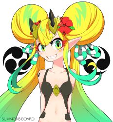 Rule 34 | 1girl, arms behind back, blonde hair, breasts, collarbone, colored eyelashes, copyright name, curly eyebrows, double bun, eyelashes, facial mark, flower, gradient hair, green eyes, grin, hair bun, hair flower, hair ornament, hibiscus, highres, horns, kei (jelsamscout), long hair, multicolored hair, navel, oni horns, pointy ears, red flower, revealing clothes, sandalda (summons board), shoulder tattoo, simple background, small breasts, smile, solo, summons board, tattoo, twintails, very long hair, white background