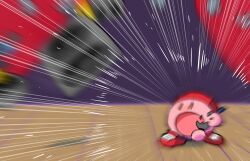 blurry blurry_background copy_ability curtains friday_night_funkin&#039; highres jaggy_lines kirby kirby_(series) microphone motion_blur nintendo no_humans open_mouth rariatto_(ganguri) shouting sound_wave speaker stage