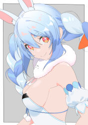 Rule 34 | 1girl, animal ear fluff, animal ears, bare shoulders, blue hair, breasts, bright pupils, carrot hair ornament, closed mouth, commentary, detached sleeves, don-chan (usada pekora), dress, food-themed hair ornament, from side, hair ornament, hololive, koyo2023, leotard, long hair, looking at viewer, medium breasts, multicolored hair, rabbit ears, red eyes, short eyebrows, sideboob, smile, solo, streaked hair, thick eyebrows, twintails, upper body, usada pekora, usada pekora (1st costume), virtual youtuber, white dress, white leotard, white pupils