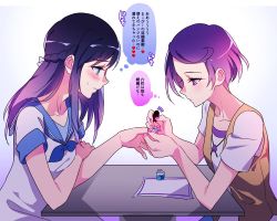Rule 34 | 2girls, bad id, bad twitter id, blue eyes, blue hair, blue nails, closed mouth, dokidoki! precure, embarrassed, gradient background, heart, hishikawa rikka, kenzaki makoto, long hair, looking at another, multiple girls, nail polish, negom, pink nails, precure, purple eyes, purple hair, short hair, short sleeves, thought bubble, translation request, white background