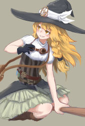 Rule 34 | 1girl, alternate costume, bag, belt, blonde hair, blush, boots, braid, breasts, broom, broom riding, corset, gears, gloves, goggles, goggles around neck, grin, hat, highres, kirisame marisa, knee boots, long hair, pentacle, petticoat, puffy short sleeves, puffy sleeves, roke (taikodon), short sleeves, shoulder bag, side braid, single braid, single glove, skirt, small breasts, smile, solo, steampunk, touhou, vial, wavy hair, witch hat, yellow eyes