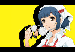 Rule 34 | 10s, 1girl, apron, arkatopia, atlus, blue hair, brown eyes, groucho glasses, glasses, head scarf, letterboxed, nakamura aika, parted lips, persona, persona 4, persona 4 the animation, short hair, solo, yellow background