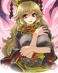 Rule 34 | 1girl, between breasts, black dress, blonde hair, breasts, chinese clothes, dress, energy, eyebrows, hat, junko (touhou), large breasts, long hair, looking at viewer, open mouth, red eyes, sash, smile, solo, tabard, touhou, umigarasu (kitsune1963), upper body, wide sleeves