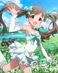 Rule 34 | 10s, 1girl, 2boys, :d, ahoge, artist request, brown eyes, brown hair, choker, detached sleeves, hair ornament, hakozaki serika, heart, idolmaster, idolmaster million live!, looking at viewer, multiple boys, official art, open mouth, skirt, smile, twintails, waving