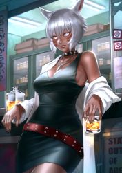 Rule 34 | 1girl, absurdres, animal ears, belt, black dress, breasts, cat ears, cleavage, coat, collar, cup, dark-skinned female, dark skin, dress, facial mark, final fantasy, final fantasy xiv, glass, grey eyes, highres, hjz (artemi), holding, holding cup, leaning back, leaning on object, lips, looking at viewer, medium breasts, miqo&#039;te, neck tattoo, open clothes, open coat, short hair, silver hair, solo, tattoo, whisker markings, y&#039;shtola rhul