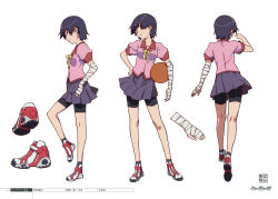 Rule 34 | 1girl, bakemonogatari, character sheet, from side, full body, highres, kanbaru suruga, monogatari (series), multiple views, official art, production art, production note, scan, simple background, turnaround, white background, zip available