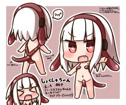 Rule 34 | &gt; &lt;, 1girl, :d, barefoot, blush, brown background, chibi, commentary request, fang, hana kazari, hand up, living clothes, long hair, looking at viewer, multiple views, navel, open mouth, original, outstretched arm, red eyes, smile, tentacles, translation request, two-tone background, v-shaped eyebrows, white background, white hair, xd