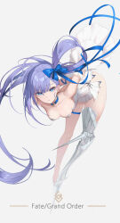 Rule 34 | 1girl, absurdres, arms behind back, backless dress, backless outfit, bare shoulders, blue bow, blue eyes, blue nails, blue ribbon, bow, breasts, copyright name, detached sleeves, dress, fate/extra, fate/extra ccc, fate/grand order, fate (series), grey background, hair bow, hair ribbon, highres, leaning forward, lic 628, long hair, looking at viewer, meltryllis (fate), nail polish, prosthesis, prosthetic leg, purple hair, ribbon, simple background, small breasts, solo, standing, strapless, strapless dress, thigh strap, toenail polish, toenails, very long hair, white dress