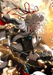 Rule 34 | 1boy, black shirt, bridal gauntlets, chinese clothes, facing to the side, grey hair, half updo, high ponytail, holding, holding weapon, honkai: star rail, honkai (series), jacket, jing yuan, lightning, long sleeves, looking ahead, male focus, mizumoe, rubble, shirt, signature, solo, weapon, white jacket, yellow background, yellow eyes