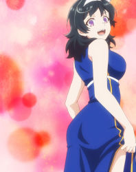 Rule 34 | 1girl, absurdres, ass, bare shoulders, black hair, blue dress, breasts, dress, from behind, hairband, highres, large breasts, long hair, looking at viewer, open mouth, purple eyes, screencap, shokei shoujo no virgin road, smile, stitched, thighs, third-party edit, tokitou akari, white hairband