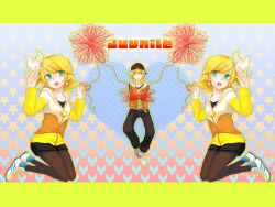 Rule 34 | 1boy, 1girl, baseball cap, black leggings, blonde hair, blue eyes, brother and sister, earrings, hair ornament, hair ribbon, hairclip, hat, hood, hoodie, jewelry, juvenile (vocaloid), kagamine len, kagamine rin, leggings, loveloid, pantyhose, pantyhose under shorts, ribbon, shadow, shoes, short hair, shorts, siblings, sneakers, star (symbol), string, string of fate, symmetry, twins, vocaloid