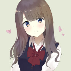 Rule 34 | 1girl, 7 calpis 7, absurdres, black vest, blue eyes, blush, bow, brown background, brown hair, closed mouth, collared shirt, commentary request, dress shirt, head tilt, heart, highres, long hair, looking at viewer, original, red bow, romaji commentary, school uniform, shirt, smile, solo, upper body, vest, white shirt