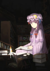 Rule 34 | 1girl, absurdres, atkdog, book, book on lap, book stack, bookshelf, candle, candlelight, crescent, crescent hair ornament, double bun, dress, frown, hair ornament, hair ribbon, hat, highres, indoors, library, long hair, long sleeves, looking at viewer, mob cap, no lineart, open book, patchouli knowledge, purple dress, purple eyes, purple hair, ribbon, shawl, sidelocks, solo, touhou, tress ribbon, very long hair