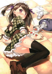 Rule 34 | 1girl, :o, absurdres, accident, black hair, black thighhighs, blush, checkered floor, cream, cup, fallen down, floor, food, fruit, hair ribbon, highres, kantoku, loafers, looking back, lying, maid headdress, nose blush, open mouth, original, panties, pantyshot, plaid, purple eyes, ribbon, shizuku (kantoku), shoes, short hair, side ponytail, solo, spill, spoon, strawberry, thighhighs, tray, underwear, white panties