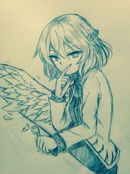 Rule 34 | 1girl, bow, bowtie, braid, cowboy shot, efukei, feathered wings, feathers, finger to face, fork, french braid, hair between eyes, hand up, highres, holding, holding fork, jacket, kishin sagume, long sleeves, looking at viewer, monochrome, one-hour drawing challenge, open clothes, open jacket, short hair, single wing, sitting, solo, touhou, traditional media, wings