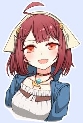 Rule 34 | 1girl, ahoge, atelier (series), atelier sophie, blue background, blue coat, blush, choker, coat, collared coat, cropped torso, fang, head scarf, highres, jewelry, looking at viewer, namaata, necklace, open mouth, outline, red eyes, red hair, short hair, simple background, skin fang, solo, sophie neuenmuller, white outline