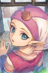 Rule 34 | 1girl, blonde hair, blue eyes, commentary request, dress, from above, from behind, hat, highres, long sleeves, looking at viewer, looking back, nintendo, open mouth, pointy ears, princess zelda, raji (aranmax), short hair, solo, the legend of zelda, the legend of zelda: ocarina of time, upper body, window, young zelda