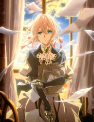 Rule 34 | 10s, 1girl, absurdres, blonde hair, blue eyes, blue jacket, braid, cleaned, dress, hair ribbon, highres, jacket, jewelry, looking at viewer, mechanical hands, necklace, official art, ribbon, single mechanical hand, skirt, solo, violet evergarden, violet evergarden (series), white skirt