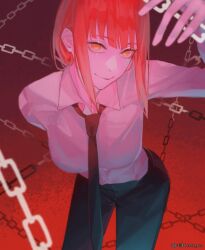 Rule 34 | 1girl, black necktie, black pants, braid, braided ponytail, chain, chainsaw man, collared shirt, cowboy shot, head tilt, highres, hnzw kun, leaning forward, looking at viewer, makima (chainsaw man), medium hair, necktie, pants, red background, red theme, ringed eyes, shirt, shirt tucked in, sidelocks, smile, solo, white shirt, yellow eyes