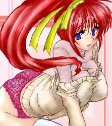 Rule 34 | 00s, 1girl, bent over, blue eyes, bow, comic party, covered erect nipples, hair bow, hair ribbon, high ponytail, impossible clothes, lace, lace-trimmed panties, lace panties, lace trim, leaning forward, long hair, looking at viewer, lowres, no bra, oekaki, open mouth, panties, pink panties, ponytail, purple eyes, red hair, ribbon, shirt, solo, sweater, takase mizuki, thighhighs, underwear, white thighhighs, yellow bow