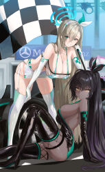 Rule 34 | 2girls, asuna (blue archive), black footwear, black gloves, black hair, black ribbon, black thighhighs, blonde hair, blue archive, blue eyes, blue halo, boots, breasts, cleavage, closed mouth, commentary request, dark-skinned female, dark skin, egoswans, elbow gloves, eyes visible through hair, flag, garter straps, gloves, hair over one eye, hair ribbon, hairband, halo, highres, holding, holding flag, karin (blue archive), large breasts, long hair, looking at viewer, mercedes-benz, multiple girls, ponytail, purple halo, race queen, ribbon, sitting, smile, standing, thigh boots, thighhighs, white footwear, white hairband, white ribbon, white thighhighs, yellow eyes