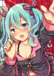 Rule 34 | 1girl, absurdres, aqua eyes, aqua hair, black bra, blush, bra, butterfly hair ornament, hair ornament, hatsune miku, highres, honey whip (module), long hair, looking at viewer, nail polish, off shoulder, open mouth, outstretched arm, project diva (series), project diva f, reaching, solo, sweet devil (vocaloid), underwear, vocaloid, yukito (39521)
