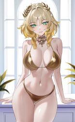 1girl absurdres aglaea_(honkai:_star_rail) alternate_costume bare_shoulders bikini blonde_hair breasts breasts_apart closed_mouth commentary cowboy_shot gold_bikini green_eyes head_wreath highres honkai:_star_rail honkai_(series) indoors large_breasts looking_at_viewer naifu_taihen navel short_hair smile solo stomach swimsuit thigh_gap window