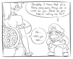 Rule 34 | 1boy, 1girl, borrowed character, bowsette, breasts, cabbie hat, cleavage, comic, crown, dress, earrings, english text, facial hair, genderswap, genderswap (mtf), greyscale, hat, horns, humanization, jewelry, large breasts, lineart, mario, mario (series), matsu-sensei, monochrome, mustache, new super mario bros. u deluxe, nintendo, ponytail, simple background, sketch, speech bubble, spiked shell, super crown, sweatdrop, tail, text focus, white background