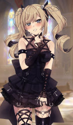 Rule 34 | 1girl, absurdres, alternate costume, armband, armlet, barbara (genshin impact), black nails, blush, breasts, commentary, cowboy shot, cross, cross earrings, detached sleeves, dress, earrings, english commentary, eyes visible through hair, fishnet thighhighs, fishnets, genshin impact, goth fashion, grey eyes, hair ornament, heart, heart o-ring, highres, indoors, jewelry, looking at viewer, medium breasts, nail polish, parted lips, ring, skull, skull hair ornament, solo, spiked armlet, teeth, thighhighs, twintails, vitaminechan