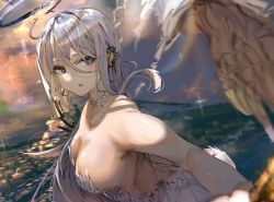 Rule 34 | 1girl, backless outfit, bare shoulders, blurry, blurry background, breasts, castle, cleavage, dress, ear piercing, feathered wings, funi mu9, grey hair, halo, highres, large breasts, long hair, looking to the side, original, piercing, solo, wings