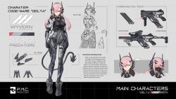 Rule 34 | 1girl, absurdres, assault rifle, character sheet, chinese commentary, cyborg, drone, grey eyes, gun, hair over one eye, highres, jacket, magazine (weapon), mask, mechanical arms, mechanical ears, mechanical legs, mechanical spine, original, pink hair, red pupils, rifle, science fiction, see-through, sherman (egnk2525), solo, standing, tachi-e, tail, weapon