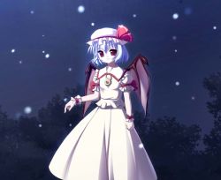 Rule 34 | 1girl, bat wings, female focus, hat, maroppe, nature, outdoors, plant, remilia scarlet, skirt, sky, solo, touhou, white hat, wings