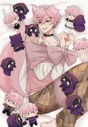 Rule 34 | 1boy, animal ears, barefoot, blue eyes, character doll, dog ears, dog tail, earrings, highres, indie virtual youtuber, jewelry, male focus, mmanohei, open mouth, pants, pink hair, pink shirt, pink tail, shirt, short hair, shoto (vtuber), solo, stuffed toy, tail, virtual youtuber