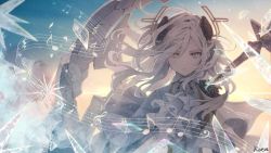 Rule 34 | 1girl, alchemy stars, armor, backlighting, bass clef, beamed eighth notes, capelet, carleen (alchemy stars), closed mouth, cloud, dress, eighth note, floating hair, hair intakes, hair ornament, highres, horizon, hoshizaki reita, ice, ascot, long hair, looking at viewer, musical note, polearm, quarter rest, sharp sign, shoulder armor, signature, solo, spear, staff (music), sunset, treble clef, upper body, weapon, white dress, white hair, wind, yellow eyes