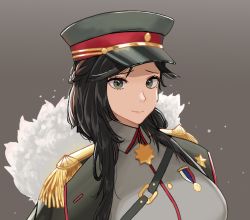 Rule 34 | 1girl, black hair, braid, braided ponytail, breasts, closed mouth, fur-trimmed jacket, fur trim, general liu (girls&#039; frontline), girls&#039; frontline, green eyes, green jacket, grey jacket, hanser, hat, highres, jacket, large breasts, long hair, looking at viewer, military, military hat, military uniform, mole, mole under eye, simple background, sitting, smile, solo, uniform, upper body