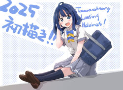 1girl 2025 ahoge bag black_socks blue_bow blue_bowtie blue_eyes blue_hair bow bowtie brown_footwear collared_shirt commentary_request copyright_name dress_shirt full_body grey_skirt highres loafers looking_at_viewer make_heroine_ga_oo_sugiru! maruyo medium_hair open_mouth round_teeth school_bag school_swimsuit shirt shoes sitting skirt socks solo summer_uniform swimsuit teeth translation_request upper_teeth_only white_shirt yanami_anna yellow_bow yellow_bowtie