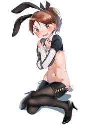 Rule 34 | 1girl, absurdres, animal ears, black ribbon, blush, brown eyes, brown hair, covering nipples, covering privates, detached collar, detached sleeves, ear blush, fake animal ears, hair ribbon, hairband, high heels, highres, kabayaki namazu, kantai collection, meme attire, ponytail, rabbit ears, reverse bunnysuit, reverse outfit, ribbon, shikinami (kancolle), solo, thighhighs, tray