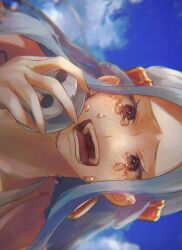 Rule 34 | 1girl, blue hair, close-up, commentary request, crying, crying with eyes open, earrings, highres, holding, jewelry, looking at viewer, machida 0906, nefertari vivi, one piece, open mouth, sidelocks, sky, solo, tears