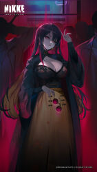 Rule 34 | 1girl, 6+boys, artist request, black hair, blonde hair, breasts, cleavage, cleavage cutout, clothing cutout, colored inner hair, cropped, dress, faceless, faceless male, goddess of victory: nikke, highres, holding, holding removed eyewear, large breasts, long hair, long sleeves, looking at viewer, moran (nikke), multicolored hair, multiple boys, official art, parted lips, red eyes, round eyewear, second-party source, solo focus, standing, sunglasses, unworn eyewear, watermark