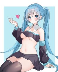 Rule 34 | 1girl, :|, absurdres, alpha transparency, arm at side, bandeau, bare shoulders, black bandeau, black skirt, black sleeves, black thighhighs, blue background, blue eyes, blue hair, blush, breasts, closed mouth, coco irasuto, collarbone, cowboy shot, detached collar, detached sleeves, dot nose, from side, hair between eyes, hand up, hatsune miku, heart, highres, long hair, long sleeves, looking at viewer, miniskirt, navel, open hand, pleated skirt, raised eyebrows, sidelocks, simple background, skirt, small breasts, solo, stomach, thighhighs, twintails, very long hair, vocaloid
